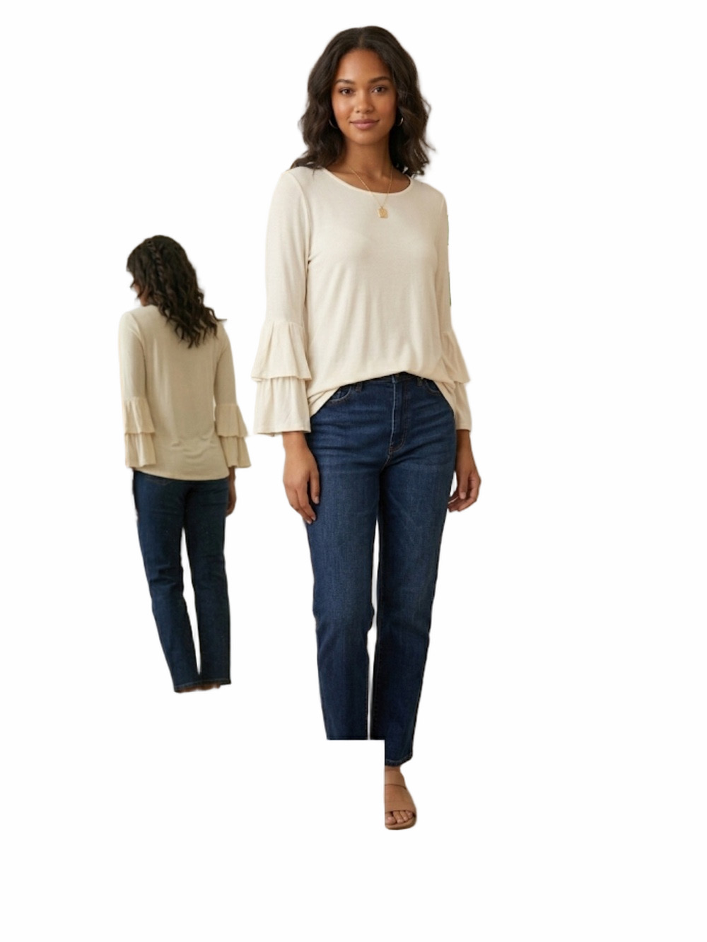 MTS Cream Bamboo Blouse Large Ruffle Sleeves UV Protection Moisture-Wicking
